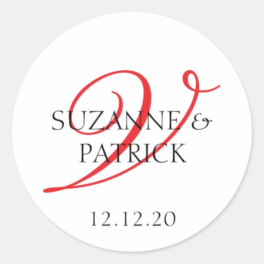 Script V-monogram-labels (rood/zwart) Ronde Sticker (Voorkant)