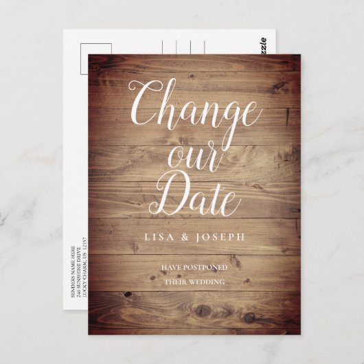 Script Verander de datum Uitgesteld Rustiek Hout Briefkaart (Voorkant / Achterkant)
