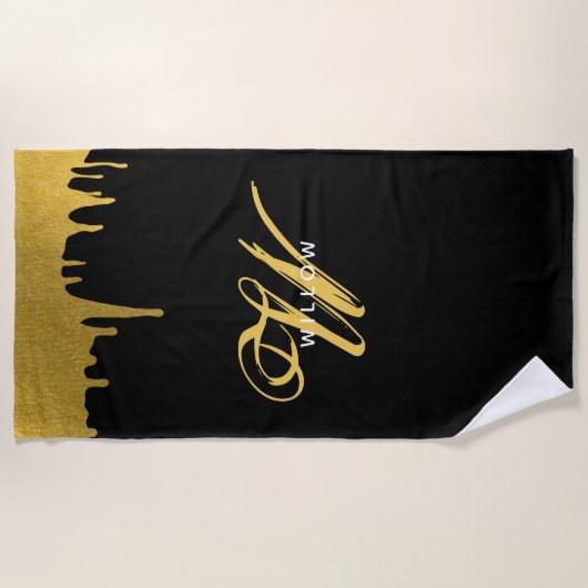 script voor modern zwart-wit en goudmonogram strandlaken (Voorkant)