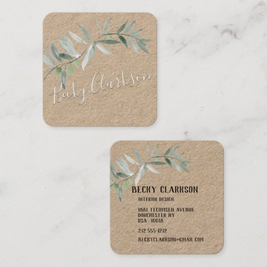  script voor Silver Blue Greenery Kraft Paper Vierkante Visitekaartje (Voorkant / Achterkant)