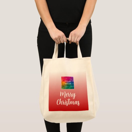 Script Vrolijk Kerstfeest met je foto of Logo Tote Bag (Voorkant (product))