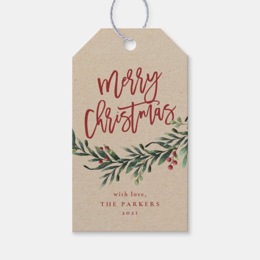 Script vrolijk kerstfeest tak met bessen cadeau ta cadeaulabel (Voorkant)