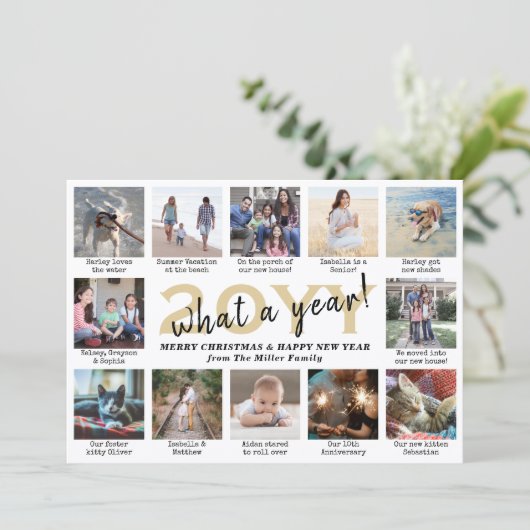 Script wat een jaar! 12 Foto Collage Goud & Wit Feestdagenkaart (Staand voorkant)