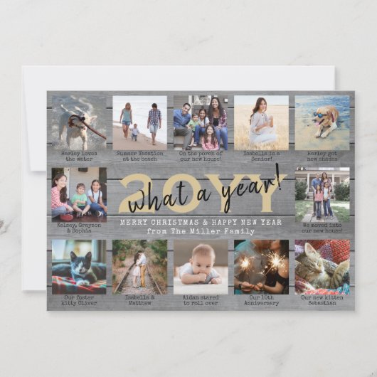 Script wat een jaar! 12 foto Collage grijs hout Feestdagenkaart (Voorkant)