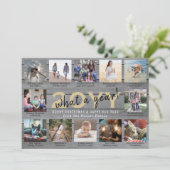 Script wat een jaar! 12 foto Collage grijs hout Feestdagenkaart (Staand voorkant)