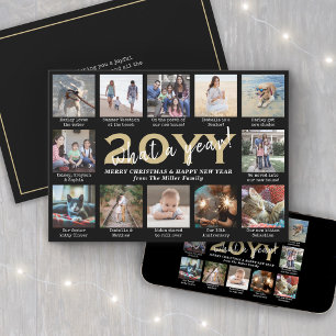 Script Wat een jaar! 12 foto collage Zwart & Goud Feestdagenkaart