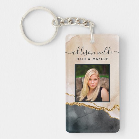 Script Watercolor Roze Zwart Goud Marmer Salon ID Sleutelhanger (Voorkant)