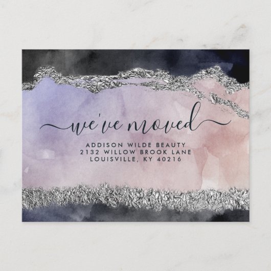 Script Waterverf Paars Black Silver Moving Aankondigingskaart (Voorkant)