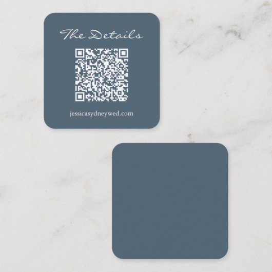Script Weddenschap RSVP Details QR Code Dark Blue Informatiekaartje (Voorkant / Achterkant)