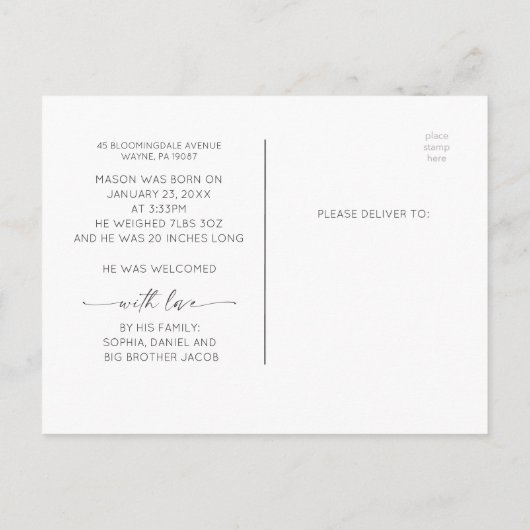 Script Welcome Baby Birth Announding Photo Briefkaart (Achterkant)