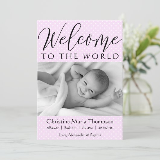 Script Welkom bij de wereld roze polka dot foto Aankondiging (Staand voorkant)