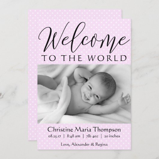Script Welkom bij de wereld roze polka dot foto Aankondiging (Voorkant / Achterkant)