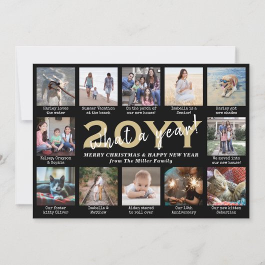 Script What a Year! 12 Photo Collage Black & Gold Feestdagenkaart (Voorkant)