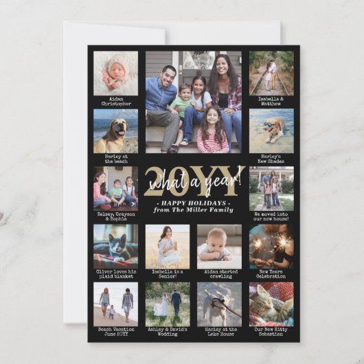 Script What a Year! 15 Photo Collage Black & Gold Feestdagenkaart (Voorkant)