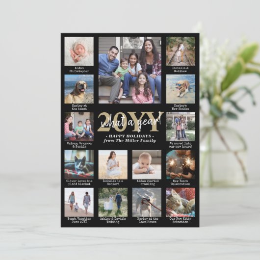 Script What a Year! 15 Photo Collage Black & Gold Feestdagenkaart (Staand voorkant)
