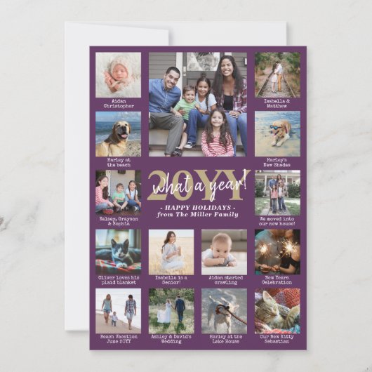 Script What a Year! 15 Photo Collage Purple & Gold Feestdagenkaart (Voorkant)