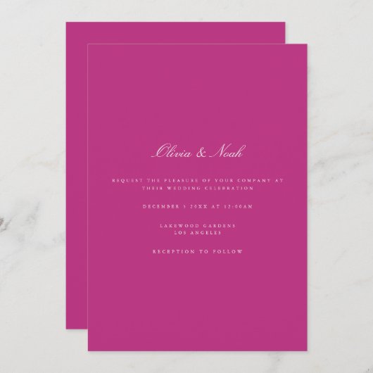 Script White & Magenta Wedding Invitation Kaart (Voorkant / Achterkant)