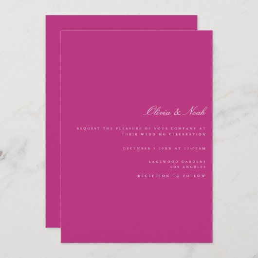 Script White & Magenta Wedding Invitation Kaart (Voorkant / Achterkant)