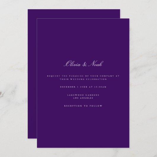 Script White & Paarse bruiloft uitnodiging Kaart (Voorkant / Achterkant)