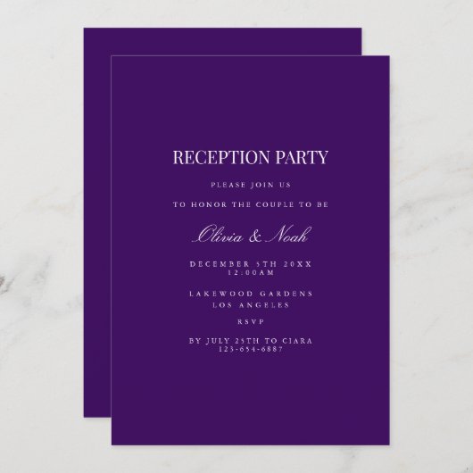 Script White & Paarse Receptie Uitnodiging Kaart (Voorkant / Achterkant)