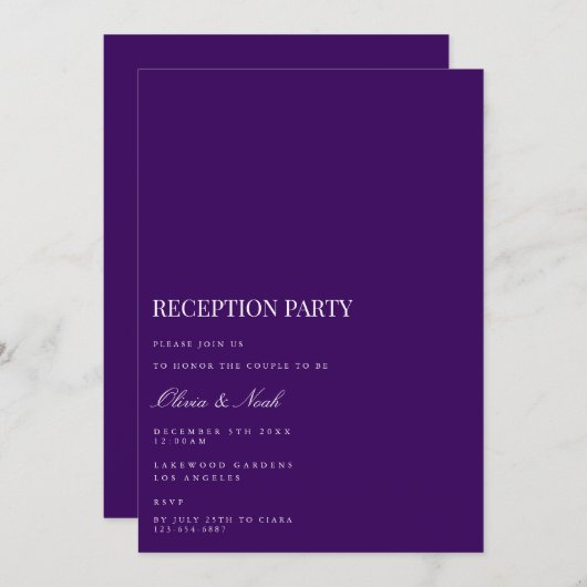 Script White & Paarse Receptie Uitnodiging Kaart (Voorkant / Achterkant)