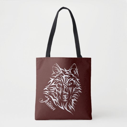 Script Witte Wolfskop op Bloedrode Persoonsnaam Tote Bag (Voorkant)