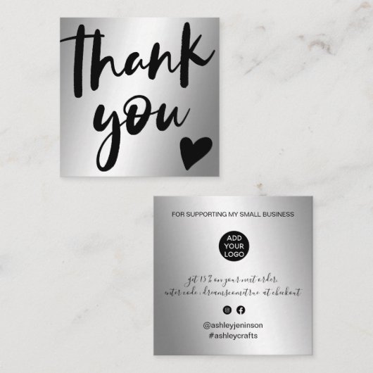 Script zilver metallic chic orde dank u vierkante visitekaartje (Voorkant / Achterkant)