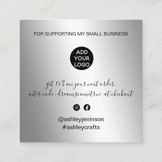 Script zilver metallic chic orde dank u vierkante visitekaartje (Achterkant)