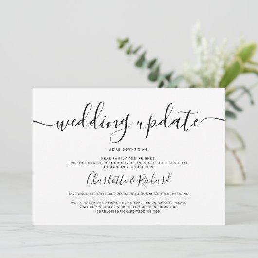 Script zwart-wit bruiloft downsizing foto aankondiging (Staand voorkant)