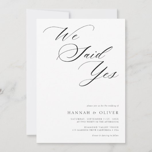 Script Zwart Wit Kalligrafie We Zeggen Ja Huwelijk Kaart (Voorkant)