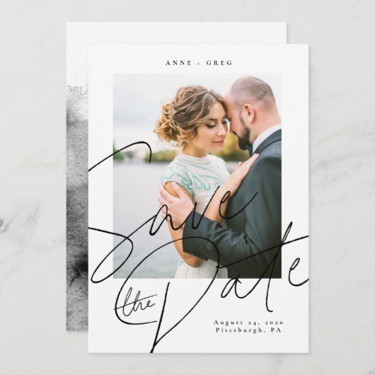 Script Zwart Wit Save the Date Fotokaart Kaart (Voorkant / Achterkant)