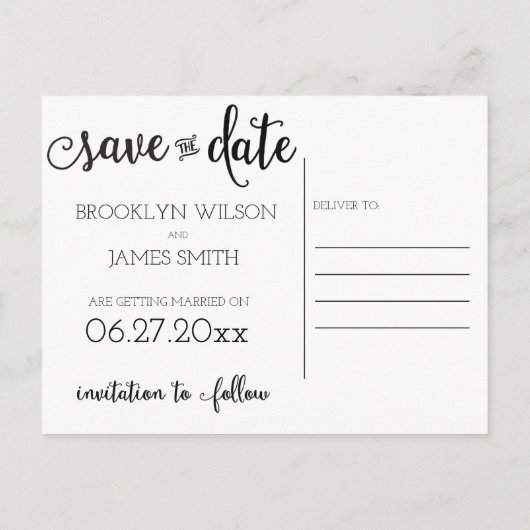 Script Zwart Wit Save The Date Postkaarten Aankondigingskaart (Achterkant)
