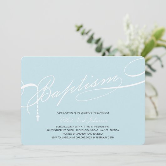 Scripted Baptism Rosary Cross Blue Religious Kaart (Staand voorkant)