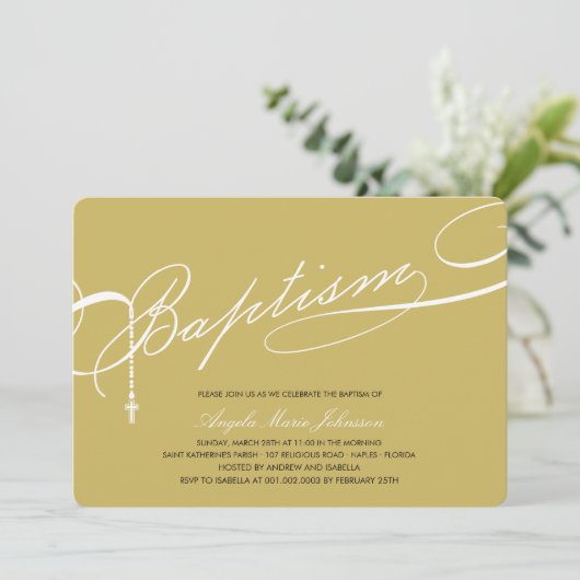 Scripted Baptism Rosary Cross Gold Religious Kaart (Staand voorkant)