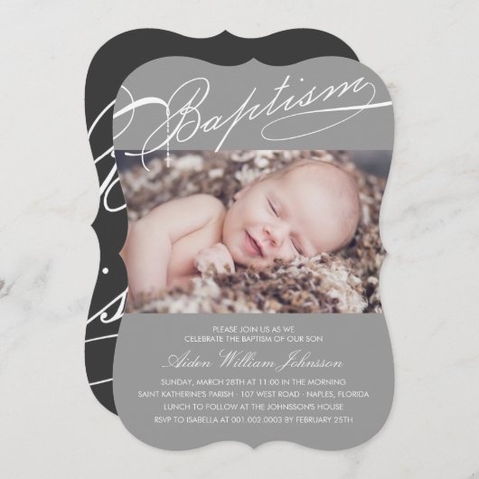 Scripted Baptism Rosary Cross Gray Foto Religious Kaart (Voorkant / Achterkant)