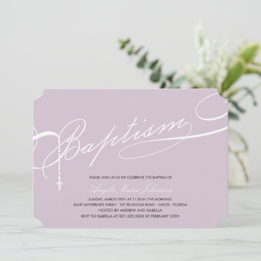 Scripted Baptism Rosary Cross-Paarse religie Kaart (Staand voorkant)