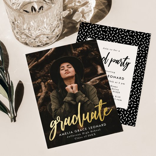 Scripted Gold Foil Photo Graduation Party Folie Uitnodiging