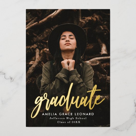Scripted Gold Foil Photo Graduation Party Folie Uitnodiging (Voorkant)