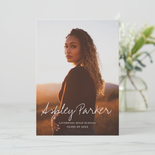 Scripted Name Photo Afstuderen Aankondiging Card (Staand voorkant)