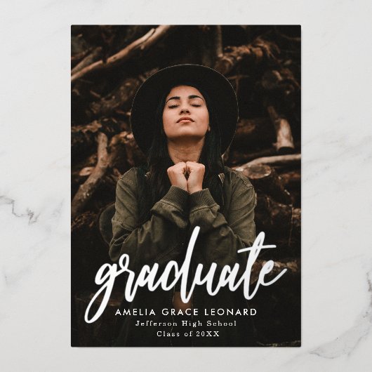 Scripted Silver Foil Photo Graduparty Folie Uitnodiging (Voorkant)