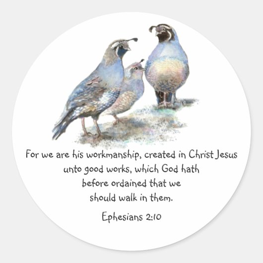 Scriptfesians 2:10 met California Quail Ronde Sticker (Voorkant)