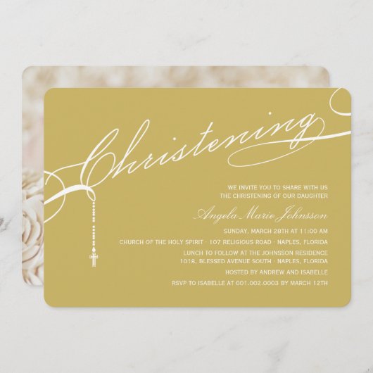 Scripting Christening Cross Gold Foto Religious Kaart (Voorkant / Achterkant)