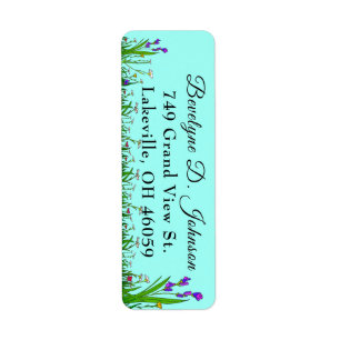Scriptnaam Gras- en bloemenrand op turquoise Etiket