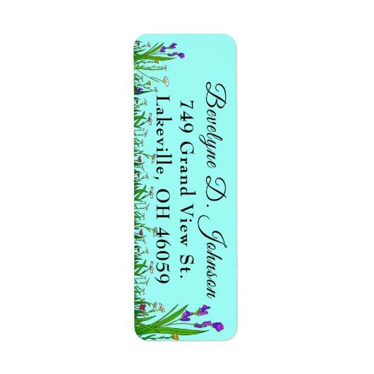 Scriptnaam Gras- en bloemenrand op turquoise Etiket (Voorkant)