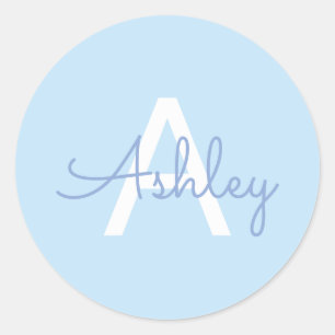 Scriptnaam & Monogram Lichtblauw Wit Paars Ronde Sticker