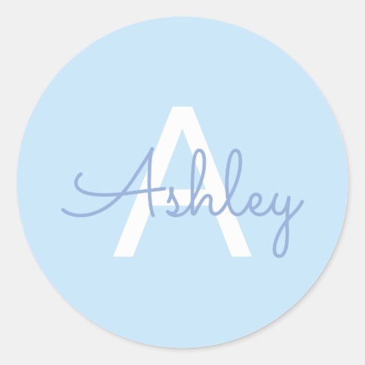 Scriptnaam & Monogram | Lichtblauw Wit Paars Ronde Sticker (Voorkant)