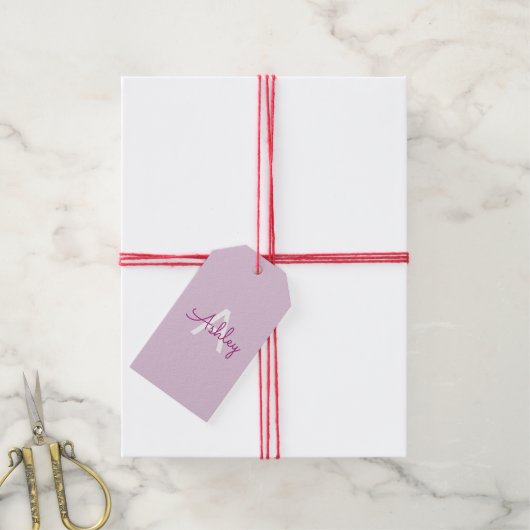 Scriptnaam & monogram | Magenta & Lichtpaars Cadeaulabel (Met Touw)