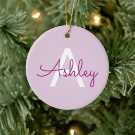 Scriptnaam & monogram | Magenta & Lichtpaars Keramisch Ornament
