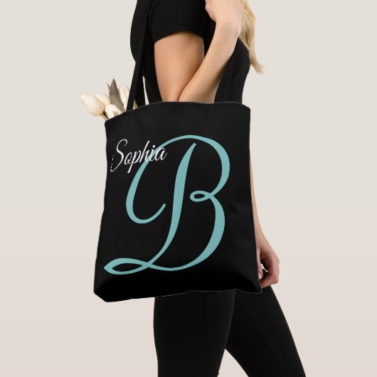 Scriptnaam & monogram op zwart tote bag (Dichtbij)