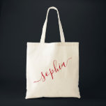 Scriptnaam Rood Gepersonaliseerd Modern Eenvoudig Tote Bag<br><div class="desc">Chique rode gepersonaliseerde gelabelde herbruikbare canvas tas met aangepaste naamtekst voor bruidsmeisjes cadeaus, vrijgezellenfeesten, verjaardagsattenties, en aandenken voor meisjesuitstapjes, en afstudeercadeau voor opslag in studentenhuis en slaapkamer. Perfect voor opslag en transport van sport- en hobbyartikelen. Kleuren en lettertypen zijn aanpasbaar, klik gewoon op “verder aanpassen” om de sjabloon-editor te gebruiken....</div>
